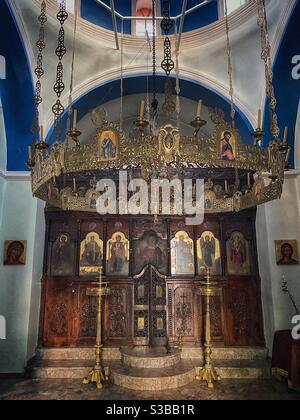 Das Innere der St. Nikolaus Kirche steht auf einem Hügel in Skiathos Stadt. Stockfoto