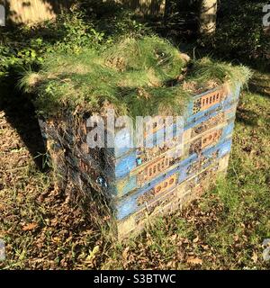 Bug Hotel aus alten upcycling Paletten gemacht, um einen Lebensraum für die Tierwelt zu schaffen. Stockfoto