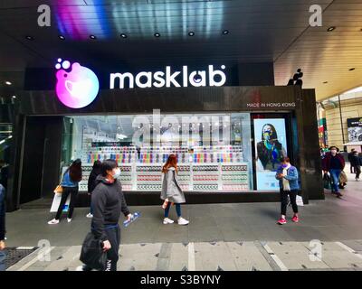 Die Maske Lab Shop Verkauf modische Schutzmasken während der Covid 19 Pandemie in Zentral-Hongkong. Stockfoto