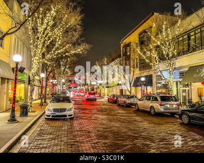 Marion Street, Innenstadt von Oak Park, Illinois. Weihnachtsbeleuchtung. Stockfoto