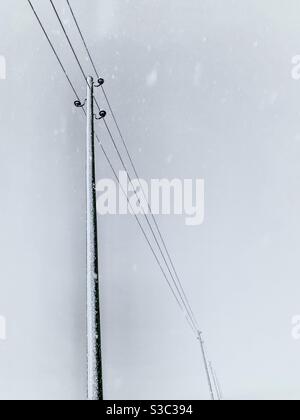 Elektrische Masten und Drähte in einer Reihe, teilweise mit Schnee bedeckt bei Schneesturm. Große Schneeflocken stören die gleichmäßige Farbe der Wolken und den bewölkten Himmel im Hintergrund. Stockfoto