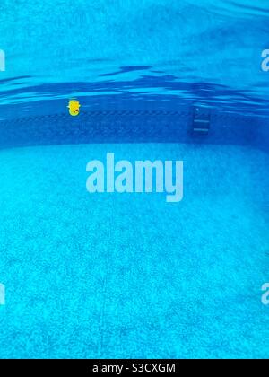 Unterwasseransicht eines umgedrehten gelben Gummiduckys im Pool im Hinterhof. Stockfoto