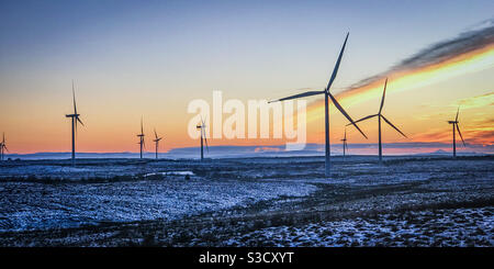 Windturbinen in Whitelee Windfarm in Schottland bei Sonnenuntergang Stockfoto