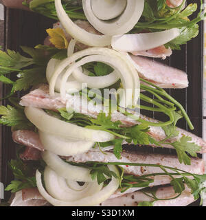 Roher Fisch mit Zwiebeln und Petersilie auf einer Grillplatte; Draufsicht. Stockfoto