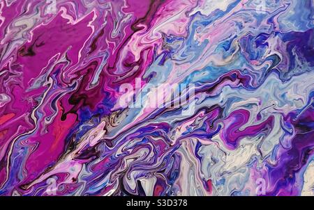 Ein Foto von bunten rosa, weiß, blau und lila Farbe Textur auf einer Leinwand in einem pour Malerei-Effekt. Stockfoto