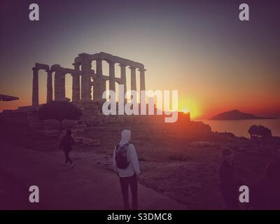 Sonnenuntergang am Tempel von Poseidon Stockfoto