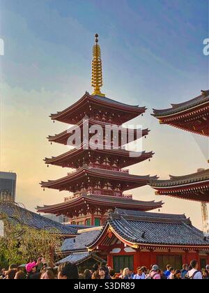 Alte fünfstöckige Pagode bei Sonnenuntergang im traditionellen Asakusa-Viertel in Tokio, Japan. Stockfoto