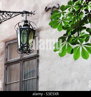 Eine alte Straßenlaterne vor einem alten Haus mit einem Zweig eines Kastanienbaumes. Stockfoto