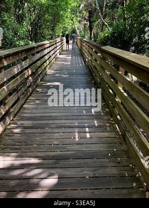A young couple from a distance walking down a wooden bridge at a wetlands nature preserve in Florida. Stockfoto