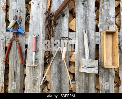 Alte Werkzeuge, die in ländlicher Umgebung an einer Holzwand hängen Stockfoto