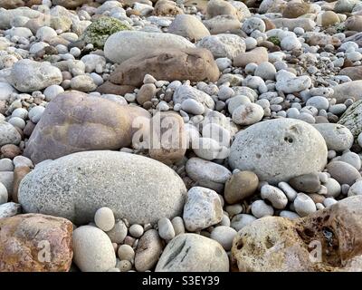 Hintergrund aus Kieselsteinen und Steinen am Strand Stockfoto