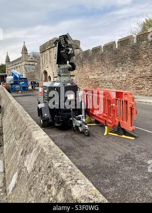 Drehausrüstung/Beleuchtungsausrüstung in Wells, Somerset für ‘Becoming Elizabeth’ TV-Serie, die vor Ort gedreht wird Stockfoto