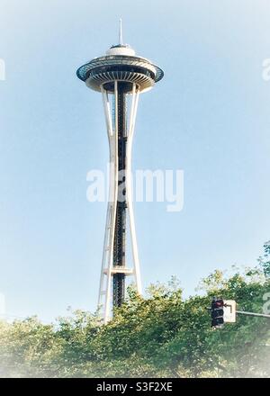 Vertikale Ansicht der Space Needle, Seattle, Washington Stockfoto