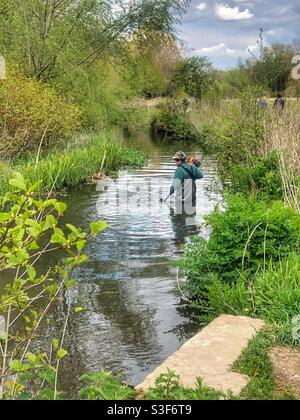 Schneiden der Vegetation unter Wasser im Fluss Itchen in Winchester Hampshire VEREINIGTES KÖNIGREICH Stockfoto