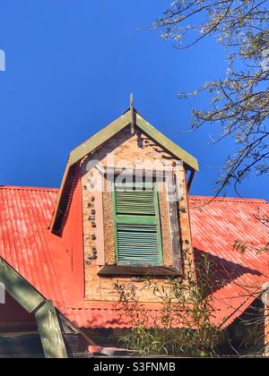 Grün vertaufte Fenster eines verlassenen Hauses Stockfoto