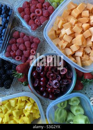 Gemischte Früchte in separaten Behältern. Cantaloupe, Kirschen, Mango, Kiwi, Himbeeren, Erdbeeren, Heidelbeeren, Trauben. Stockfoto