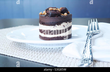 Süße Speisen, dekadente Schokoladenmousse geschichteten Kuchen Profil Ansicht überzogen Stockfoto