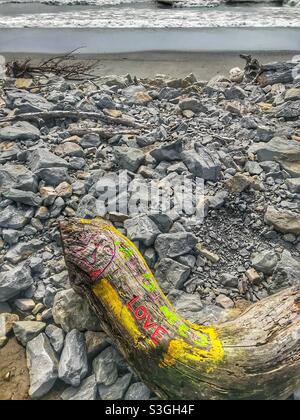 Dekoriertes Treibholz am Strand in Hokitika, Südinsel, Neuseeland Stockfoto