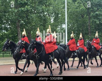 Household Cavalry, der die Mall in London heruntertrabelt Stockfoto