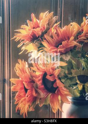 Sonnenblumen in einem schwarzen Einmachglas mit Retro-Effekt Stockfoto
