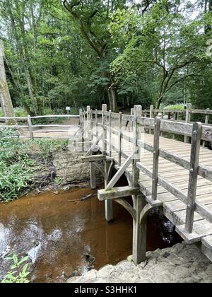 Pooh Sticks Bridge in Ashdown Forest, Sussex, England, verewigt von dem Autor AA Milne in seinen Geschichten über Winnie the Pooh. Stockfoto