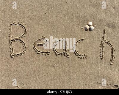 Schreiben am Strand in nassem Sand: Strand, es gibt ein paar Muscheln um ihn herum Stockfoto