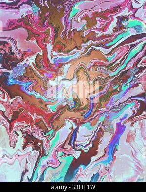 Eine gefilterte Negativaufnahme eines pour-Gemäldes. Acrylfarbe auf einem abstrakten, fluiden Tintenhintergrund Stockfoto