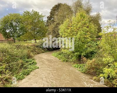 Fluss in voller Strömung nach starkem nächtlichen Regen in Leighton Buzzard Stockfoto