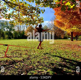 Balanceakt im Park. Schöner Herbstnachmittag. Ein Seiltänzer übt. Ontario, Kanada. Stockfoto