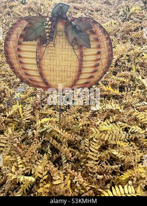 Herbsthof-Dekor eines Kürbisses in einem mit Blättern bedeckten Vorgarten in Utah, USA. Stockfoto
