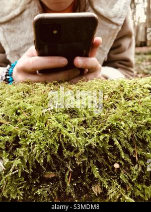 Frau fotografiert mit ihrem iPhone winzigen Pilz und Moos auf einem verfaulten Baum im Wald Stockfoto