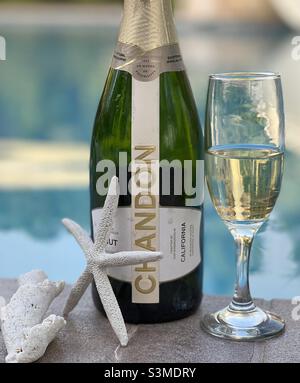 Champagner und Strandthema zur Feier des neuen Jahres Stockfoto