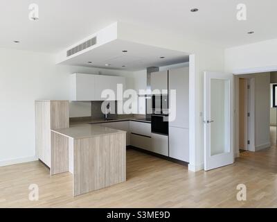 Neue unmöblierte offene Küche und Wohnzimmer in einer Wohnung Stockfoto