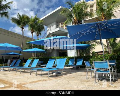 Blue Lounger Chairs Courtyard by Marriott Isla Verde Puerto Rico. Stockfoto