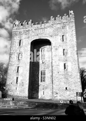 Bunratty Castle in schwarz und weiß an einem meist sonnigen Tag. Stockfoto