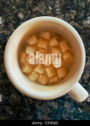 Heiße Schokolade in einem weißen Becher, mit Marshallows Stockfoto