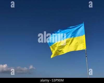 Die ukrainische Flagge wurde im starken Wind gegen einen blauen Himmel ausgestreckt Stockfoto