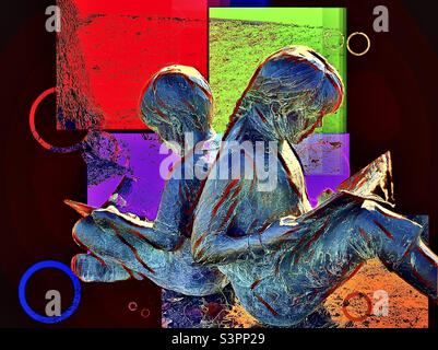 Berührende Statue von zwei Kindern, wahrscheinlich Bruder und Schwester, die beim Lesen ruhig Rücken an Rücken sitzen, in einem Park in Salt Lake City, Utah, USA. DIE IOS-App GoArt hat die Spezialeffekte erstellt. Stockfoto