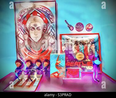 Beatles und andere musikbezogene Erinnerungsstücke aus dem Jahr 60s werden auf einem Tisch in einem Haus in Utah, USA, ausgestellt. Die IOS-App GoArt wurde verwendet, um dieses Pop-Art-Design zu erstellen. Stockfoto