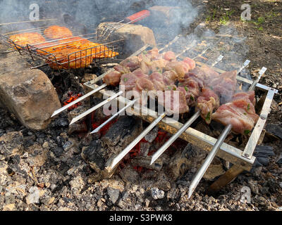 Braten Schweinshauch-Kebab und Hühnershisch-Kebab in der Natur. Schweinebraten auf Spieße und Hähnchenbraten auf einem Grill auf einer offenen Feuerflamme Stockfoto