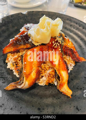 Frische japanische Küche namens Unagi Don, gegrillter Aal auf Reis serviert. Stockfoto