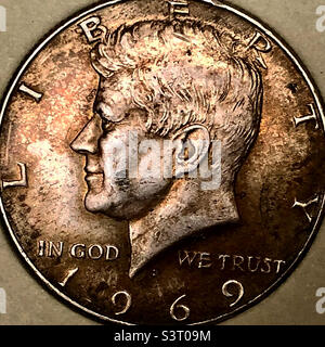John F. Kennedy halber Dollar. Eine 1969 Münze 40 Prozent Silber. Stockfoto