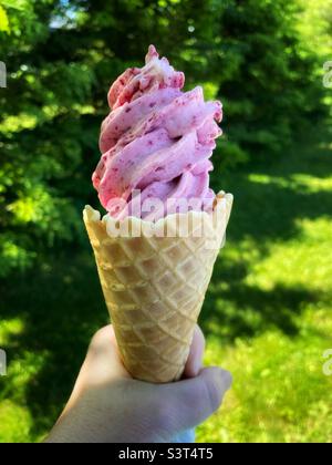 Rosafarbener Himbeer-Joghurt in einem Waffelkegel. Stockfoto