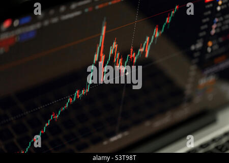 Trading Chart wird auf dem Bildschirm des Laptops angezeigt. Aktienmarkt, Trendlinie in Candlestick-Form. Stockfoto