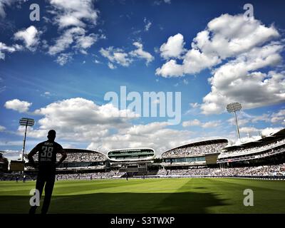 Ein Cricketer beobachtet das Spiel vom Begrenzungsseil auf Lord’s Cricket Ground während eines One Day International-Spiels zwischen England und Indien. Stockfoto