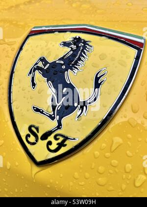 Ferrari Pferd Logo und Schild Nahaufnahme auf gelbem Wet Car mit Regentropfen Stockfoto