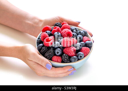 Gesunder Sommersnack. Schüssel mit frisch gepflückten Beeren in den Händen. Stockfoto