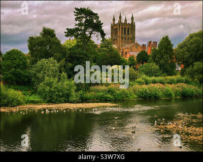 Blick nach Norden über den Fluss Wye in Richtung Hereford Cathedral in England. Diese gotische Struktur wurde um 1189 erbaut und beherbergt den berühmten Mappa Mundi. Foto ©️ COLIN HOSKINS. Stockfoto