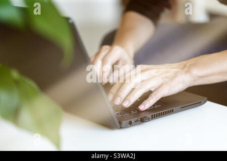 Freiberuflicher Mitarbeiter, der von zu Hause aus auf dem Laptop arbeitet, dynamischer Arbeitsplatz Stockfoto