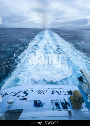 Retuschieren der Lackierung am Heck des Kreuzfahrtschiffs Royal Caribbean Anthem of the Seas Stockfoto